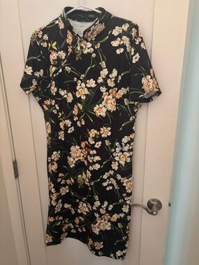 Oxiuly Black Floral Midi Dress with Cream Floral Print Cheongsam